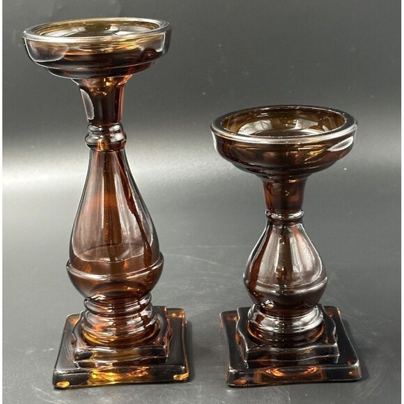 Vintage Amber Glass Candlestick Holders 2 Sizes Hold 3 Inch Diameter Candles - Picture 2 of 8